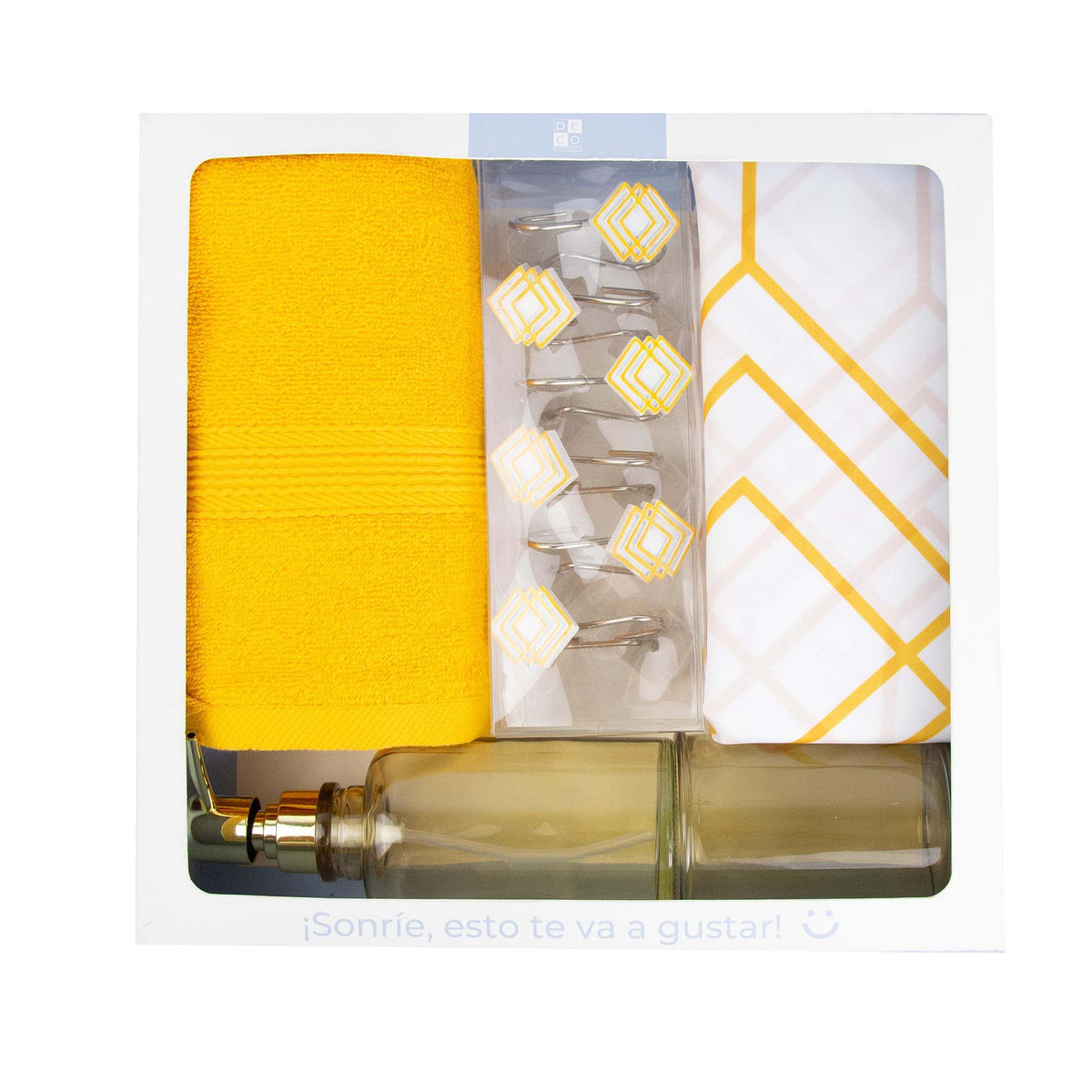 Set de Baño Ámbar - (Cortina, Ganchos, Toalla y Vaso/dispensador)