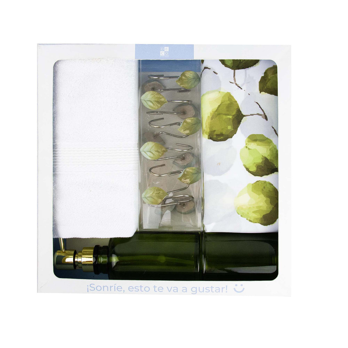 Set de Baño Jade (Cortina, Ganchos, Toalla y Vaso/dispensador)