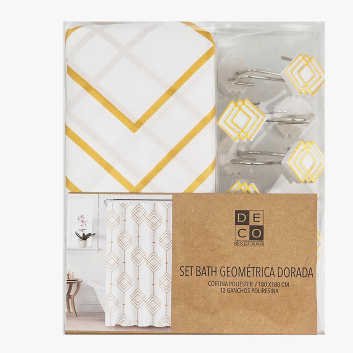 Cortina de baño 180x180 impermeable + 12 ganchos Geometrica Dorada