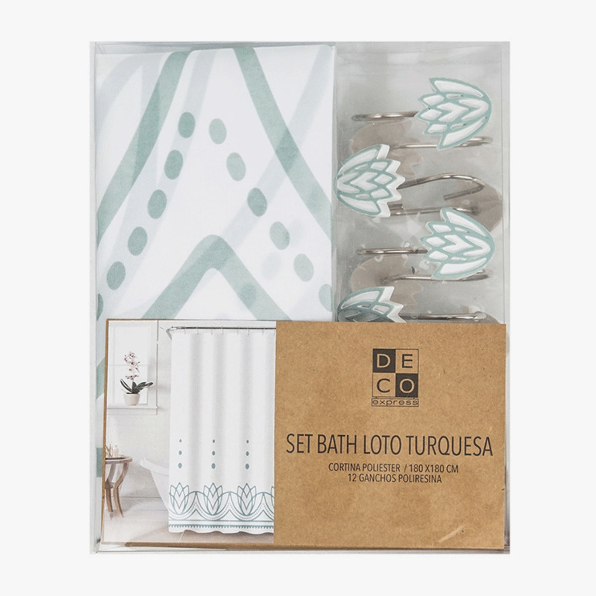 Cortina de baño 180x180 impermeable + 12 ganchos Loto Turquesa