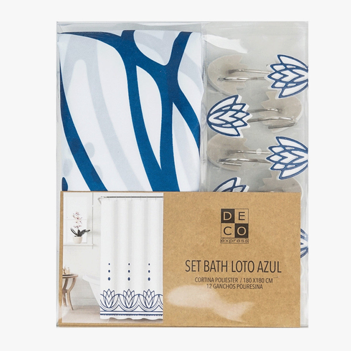 Cortina de baño 180x180 impermeable + 12 ganchos Loto Azul