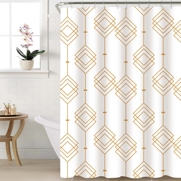 Cortina de baño 180x180 impermeable + 12 ganchos Geometrica Dorada - Decoexpress