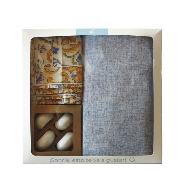 Set de Textil y Argollas Edgard Azul - (Mantel, Caminito, Servilletas y Argollas) - Decoexpress