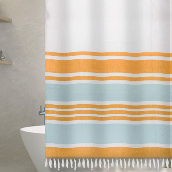 Cortina Baño Tela Mas Flecos Marinera Turquesa - Decoexpress