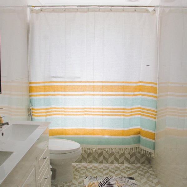 Cortina Baño Tela Mas Flecos Marinera Turquesa - Decoexpress