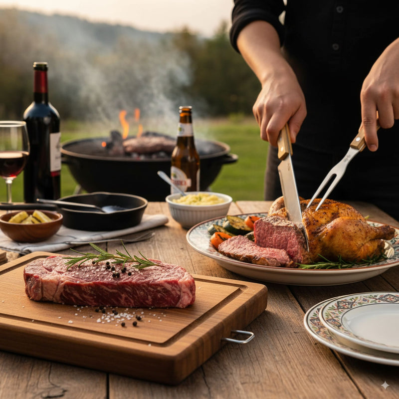 Tabla de asado + tenedor y cuchillo parrillero