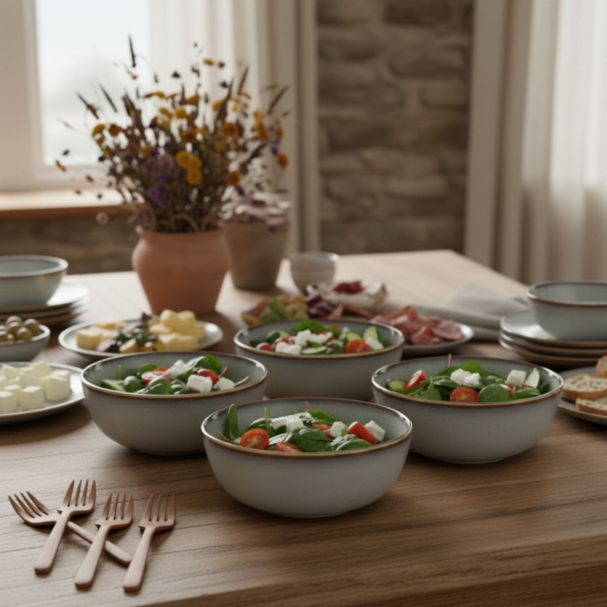 Set 4 Bowls Cerámica Borde Beige - Loza granel