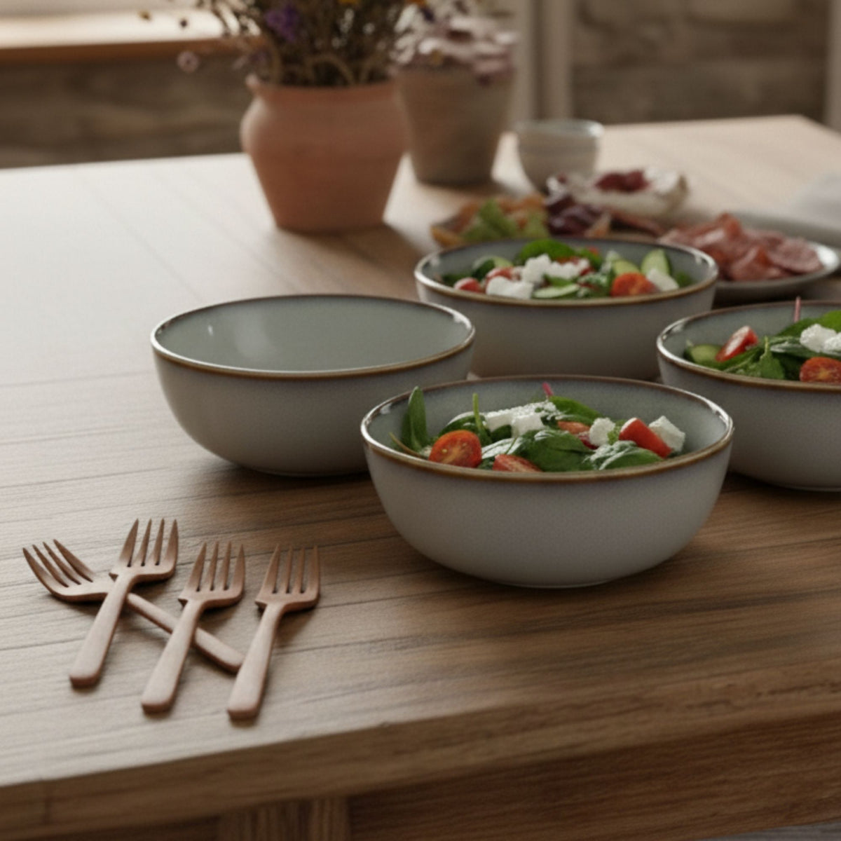 Set 4 Bowls Cerámica Borde Beige - Loza granel