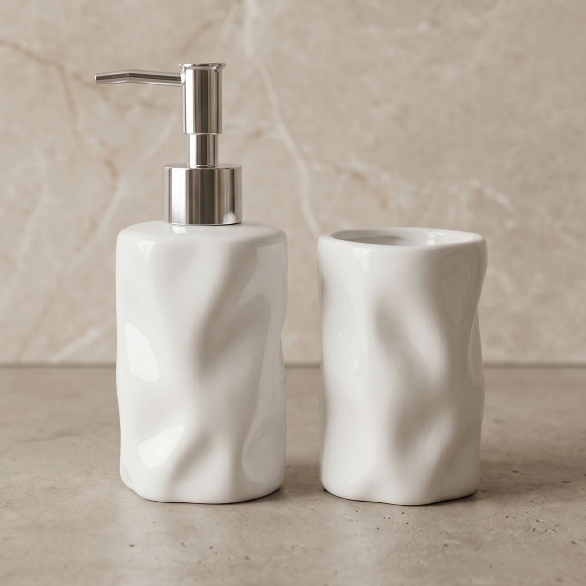Set 2 accesorios de baño Dispensador de jabón y Vaso Cerámica Esculpida Blanco