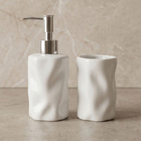 Set 2 accesorios de baño Dispensador de jabón y Vaso Cerámica Esculpida Blanco