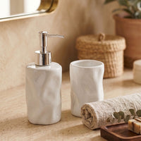 Set 2 accesorios de baño Dispensador de jabón y Vaso Cerámica Esculpida Blanco
