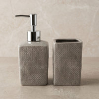 Set 2 accesorios de baño Dispensador de jabón y Vaso Cerámica Efecto Lino Gris