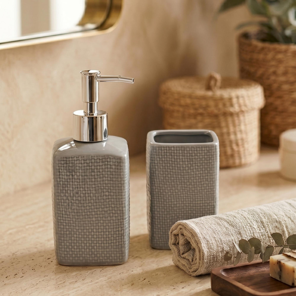 Set 2 accesorios de baño Dispensador de jabón y Vaso Cerámica Efecto Lino Gris