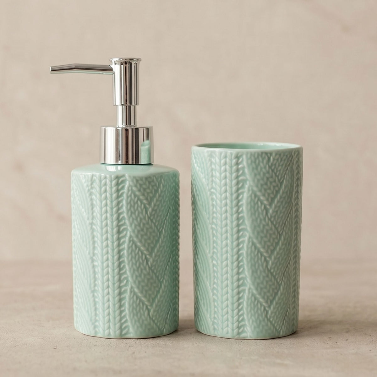Set 2 accesorios de baño Dispensador de jabón y Vaso Cerámica Tejida Turquesa