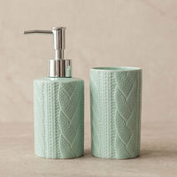 Set 2 accesorios de baño Dispensador de jabón y Vaso Cerámica Tejida Turquesa