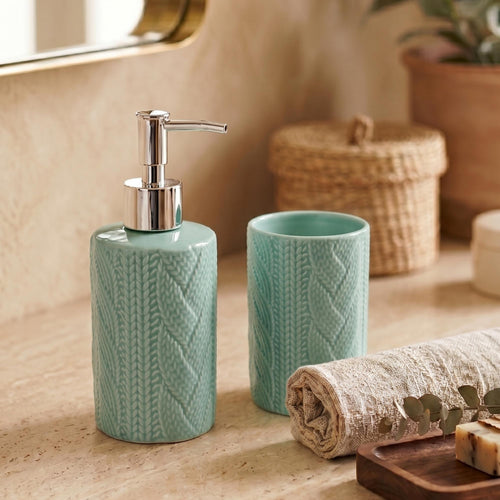 Set 2 accesorios de baño Dispensador de jabón y Vaso Cerámica Tejida Turquesa