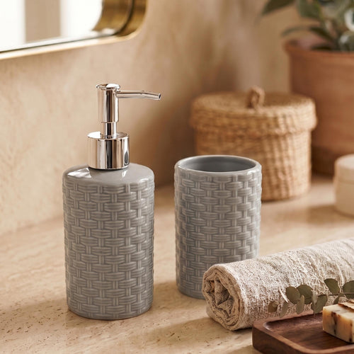 Set 2 accesorios de baño Dispensador de jabón y Vaso Cerámica Trenzada Gris