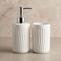 Set 2 accesorios de baño Dispensador de jabón y Vaso Cerámica Ondulada Blanco