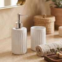 Set 2 accesorios de baño Dispensador de jabón y Vaso Cerámica Ondulada Blanco
