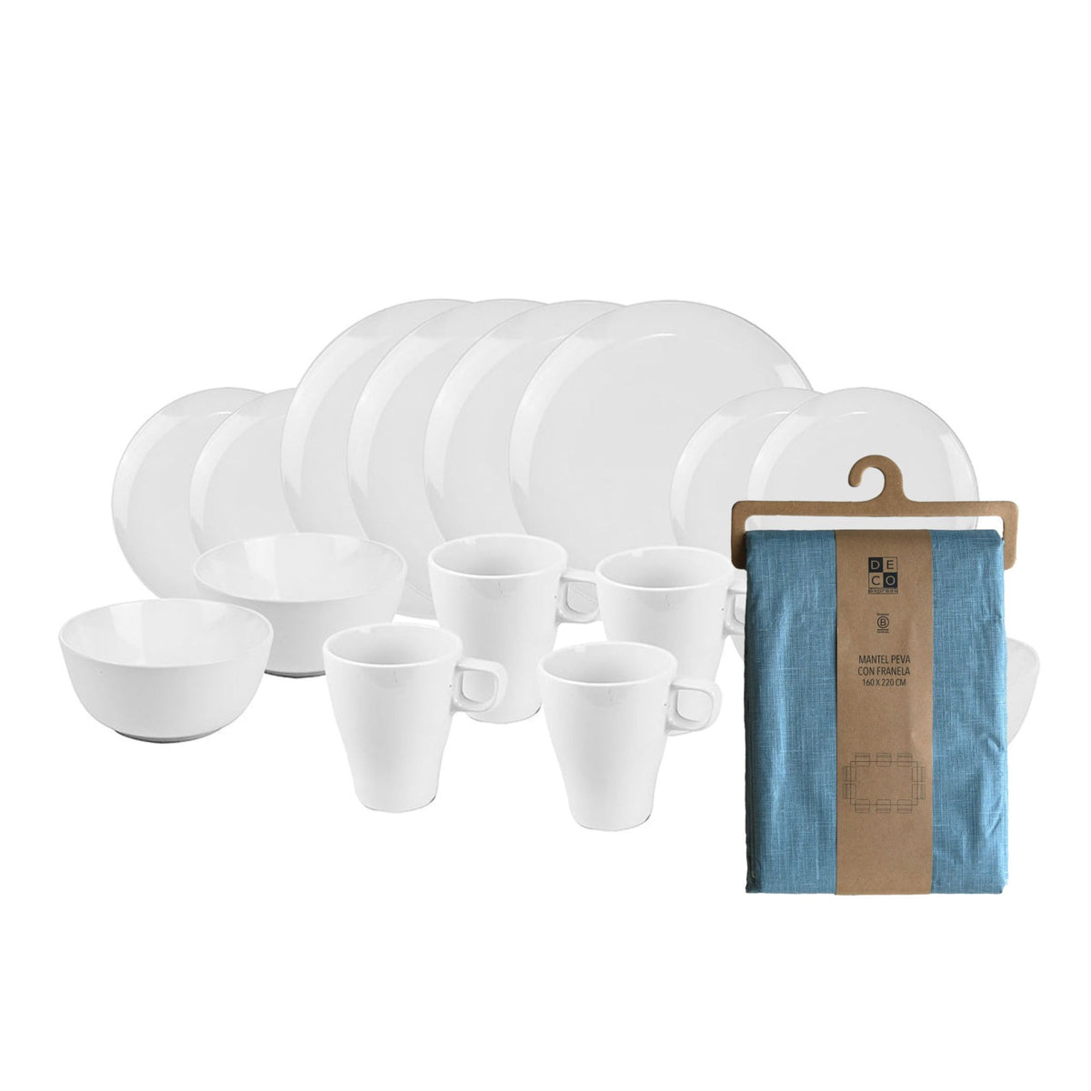 Set Juego de loza Cerámica 16 piezas Vajilla Blanca y Mantel PEVA Azul 130x180