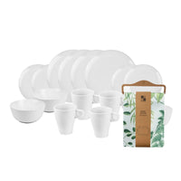Set Juego de loza Cerámica 16 piezas Vajilla Blanca y Mantel antimanchas Botanico 130x180