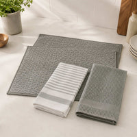 Kit Cocina Absorbente 4 Piezas: 2 Tapete Secaplatos + 2 Paños Algodón — Gris