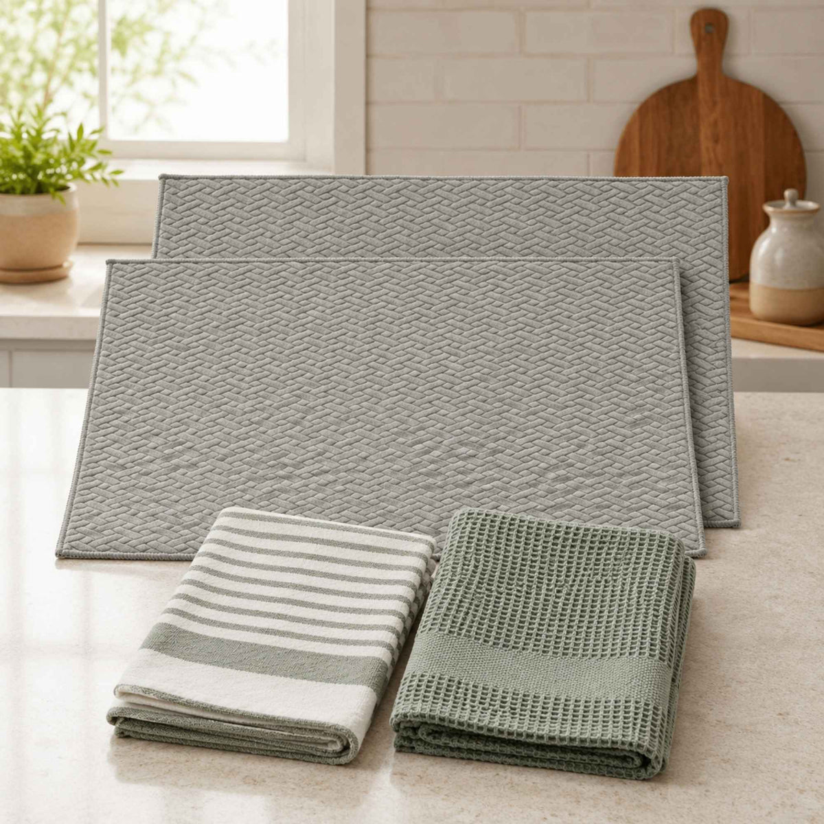 Kit Cocina Absorbente 4 Piezas: 2 Tapete Secaplatos + 2 Paños Algodón — Gris / Verde Olivo