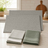 Kit Cocina Absorbente 4 Piezas: 2 Tapete Secaplatos + 2 Paños Algodón — Gris / Verde Olivo
