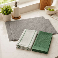 Kit Cocina Absorbente 4 Piezas: 2 Tapete Secaplatos + 2 Paños Algodón — Gris / Verde