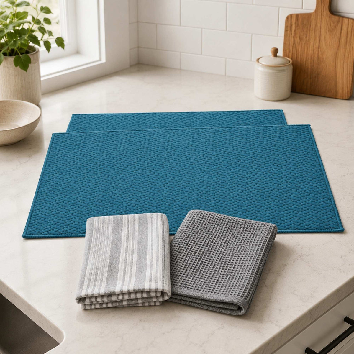 Kit Cocina Absorbente 4 Piezas: 2 Tapete Secaplatos + 2 Paños Algodón — Turquesa / Gris