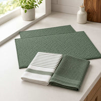 Kit Cocina Absorbente 4 Piezas: 2 Tapete Secaplatos + 2 Paños Algodón — Verde Olivo