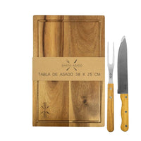 Tabla de asado + tenedor y cuchillo parrillero