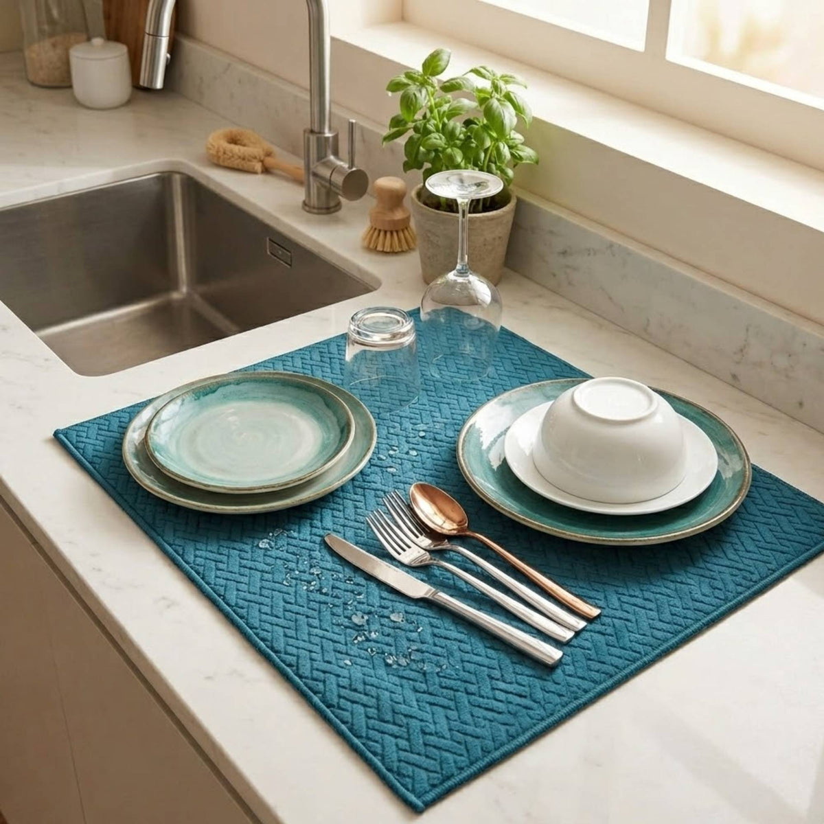 Kit Cocina Absorbente 4 Piezas: 2 Tapete Secaplatos + 2 Paños Algodón — Turquesa / Gris