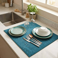 Kit Cocina Absorbente 4 Piezas: 2 Tapete Secaplatos + 2 Paños Algodón — Turquesa / Gris