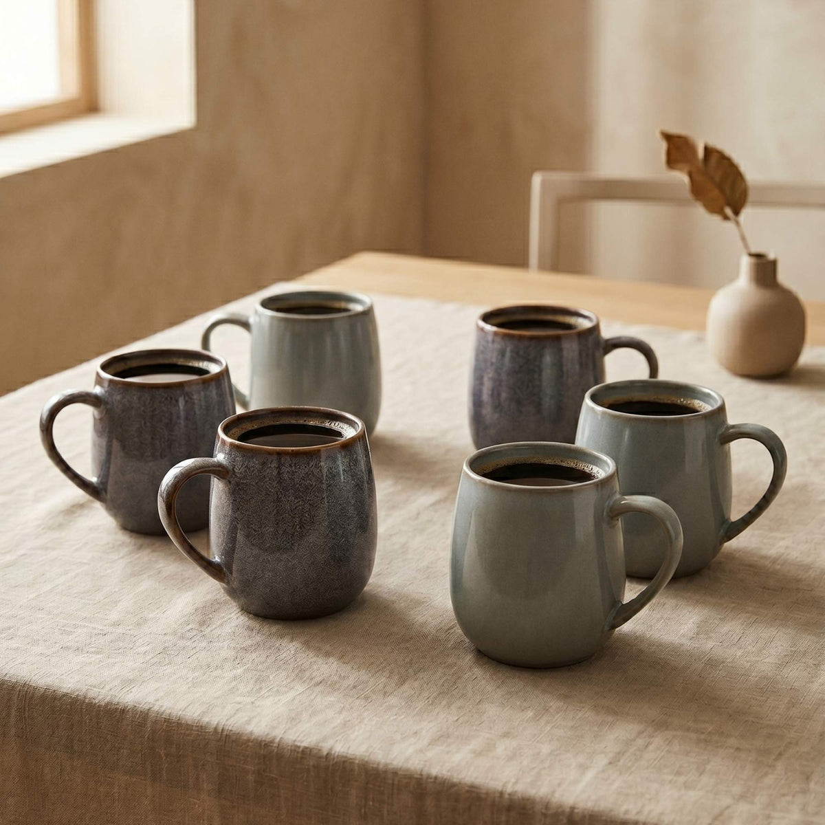 Set 6 Tazas Mug Cerámica Colmar 320 ml — Blanco Moteado Surtido 2 Modelos