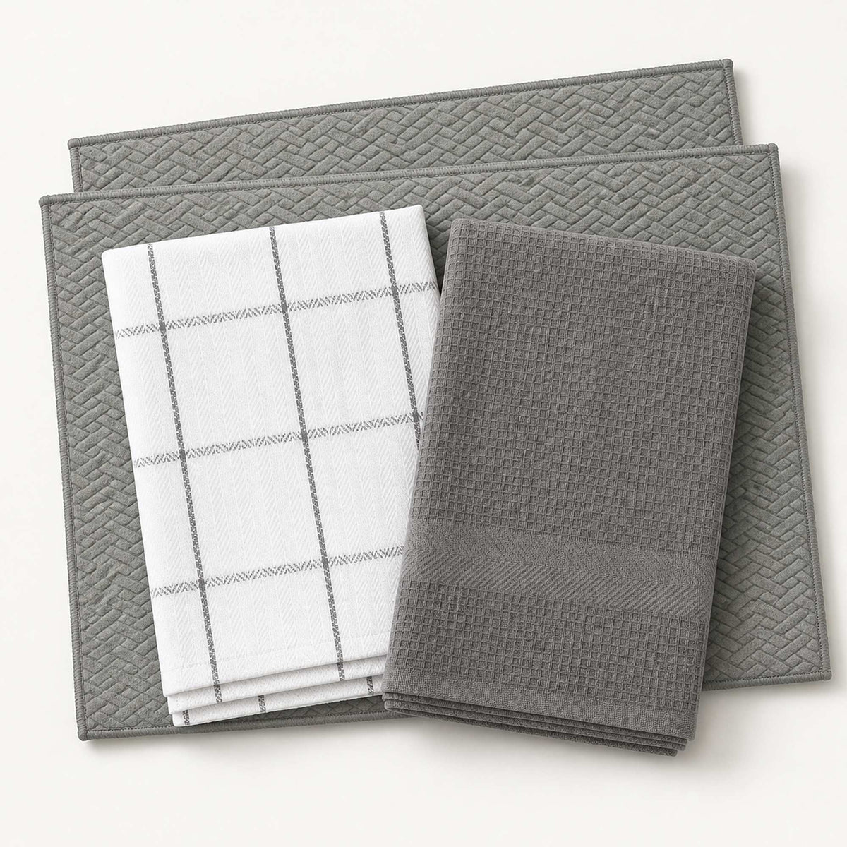 Kit Cocina Absorbente 4 Piezas: 2 Mat Secaplatos + 2 Paños Algodón — Gris / Cuadros Gris