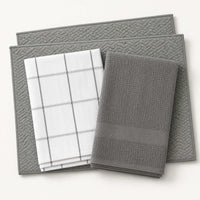 Kit Cocina Absorbente 4 Piezas: 2 Mat Secaplatos + 2 Paños Algodón — Gris / Cuadros Gris