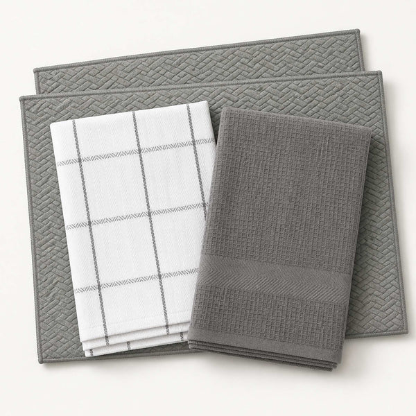 Kit Cocina Absorbente 4 Piezas: 2 Mat Secaplatos + 2 Paños Algodón — Gris / Cuadros Gris