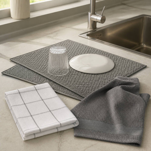 Kit Cocina Absorbente 4 Piezas: 2 Mat Secaplatos + 2 Paños Algodón — Gris / Cuadros Gris