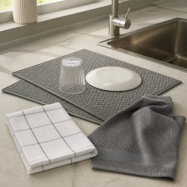 Kit Cocina Absorbente 4 Piezas: 2 Mat Secaplatos + 2 Paños Algodón — Gris / Cuadros Gris