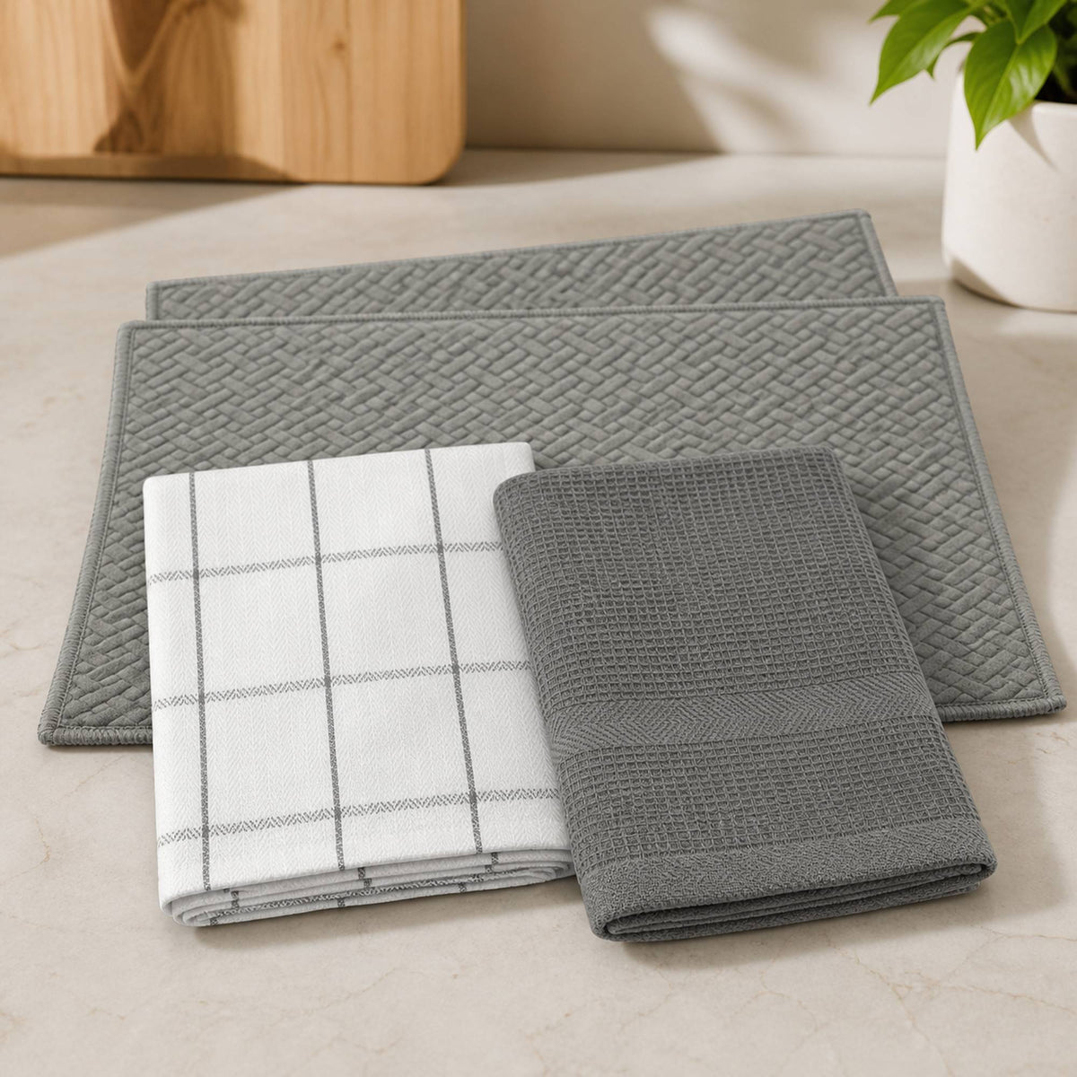 Kit Cocina Absorbente 4 Piezas: 2 Mat Secaplatos + 2 Paños Algodón — Gris / Cuadros Gris