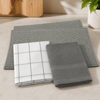 Kit Cocina Absorbente 4 Piezas: 2 Mat Secaplatos + 2 Paños Algodón — Gris / Cuadros Gris