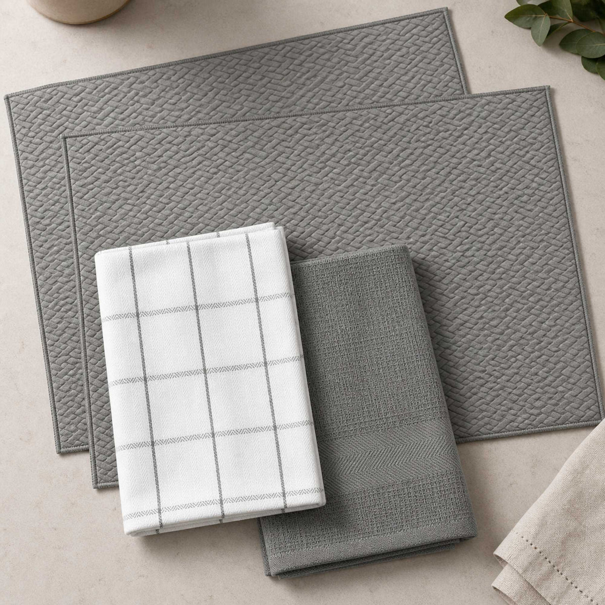 Kit Cocina Absorbente 4 Piezas: 2 Mat Secaplatos + 2 Paños Algodón — Gris / Cuadros Gris