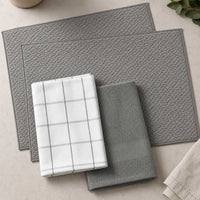 Kit Cocina Absorbente 4 Piezas: 2 Mat Secaplatos + 2 Paños Algodón — Gris / Cuadros Gris