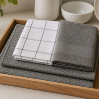 Kit Cocina Absorbente 4 Piezas: 2 Mat Secaplatos + 2 Paños Algodón — Gris / Cuadros Gris
