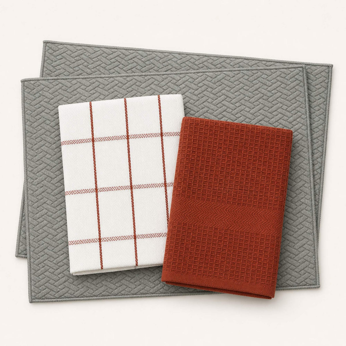 Kit Cocina Absorbente 4 Piezas: 2 Mat Secaplatos + 2 Paños Algodón — Gris / Cuadros Terracota