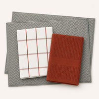 Kit Cocina Absorbente 4 Piezas: 2 Mat Secaplatos + 2 Paños Algodón — Gris / Cuadros Terracota