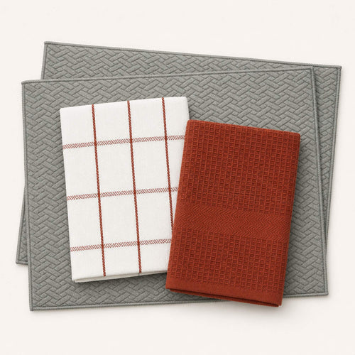 Kit Cocina Absorbente 4 Piezas: 2 Mat Secaplatos + 2 Paños Algodón — Gris / Cuadros Terracota