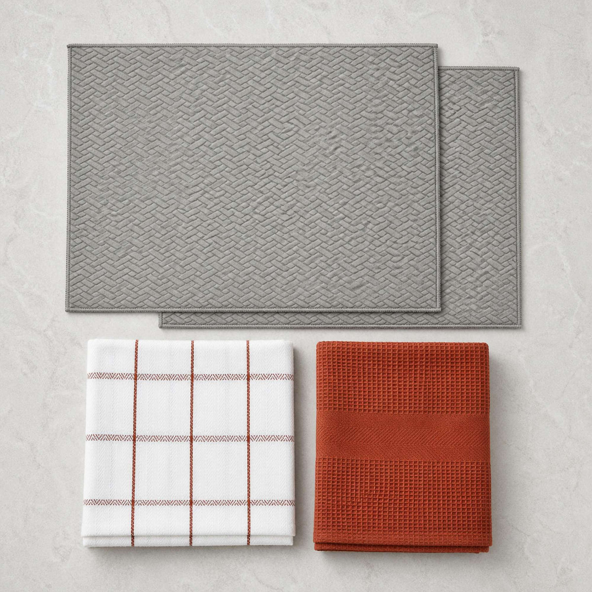 Kit Cocina Absorbente 4 Piezas: 2 Mat Secaplatos + 2 Paños Algodón — Gris / Cuadros Terracota