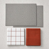 Kit Cocina Absorbente 4 Piezas: 2 Mat Secaplatos + 2 Paños Algodón — Gris / Cuadros Terracota